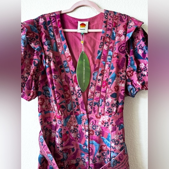 FARM Rio Floral Birds Blush Jumpsuit with Puff Sleeves Size: XL - Picture 5 of 16